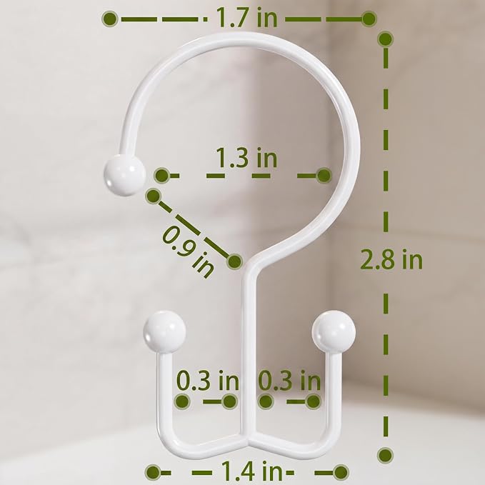 OEH Shower Curtain Hooks, Metal Shower Curtain Rings, Decorative Shower Curtain Hooks Rust Proof, Double Shower Rings for Curtain, Easy Install Anti-Drop Shower Hooks for Shower Curtain White, 12 Pack