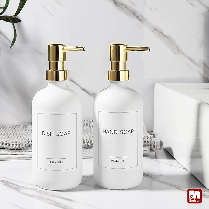 GMISUN White Soap Dispenser, 2 Pack Glass Hand Soap Dispensers Bathroom with Gold Pump, 17 Fl Oz Dish Soap Dispenser Set for Kitchen, Refillable Modern Liquid Soap and Lotion Dispensers Bottle