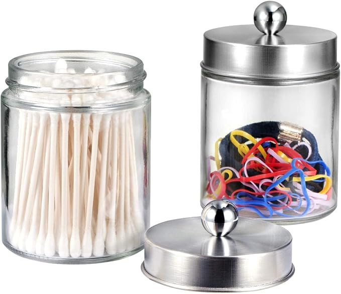 Amolliar Glass Apothecary Jar Qtip Holder Metal Lids 4pc/Brushed Nickel | Bathroom Decor Countertop Vanity Storage Organizer Set for q tip holder,Cotton Swabs/Rounds,Makeup Sponges,Cute Stickers