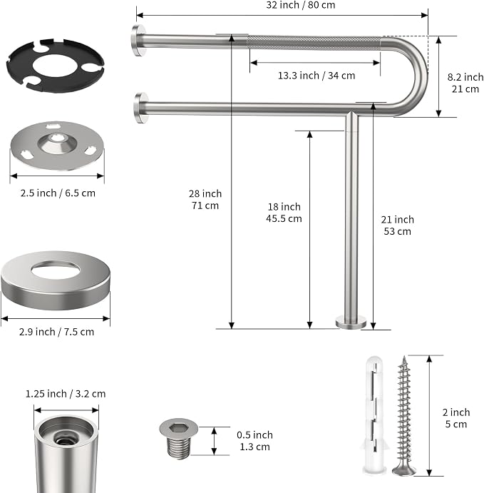 Toilet Grab Bar 32 Inch,YuanDe Wall to Floor Brushed Nickel Safety Grab Bar | Anti-Slip Knurled Grip,Stainless Steel Bathroom Handicap Grab Bar with Leg,Support Bar for Disabled Elderly Pregnant