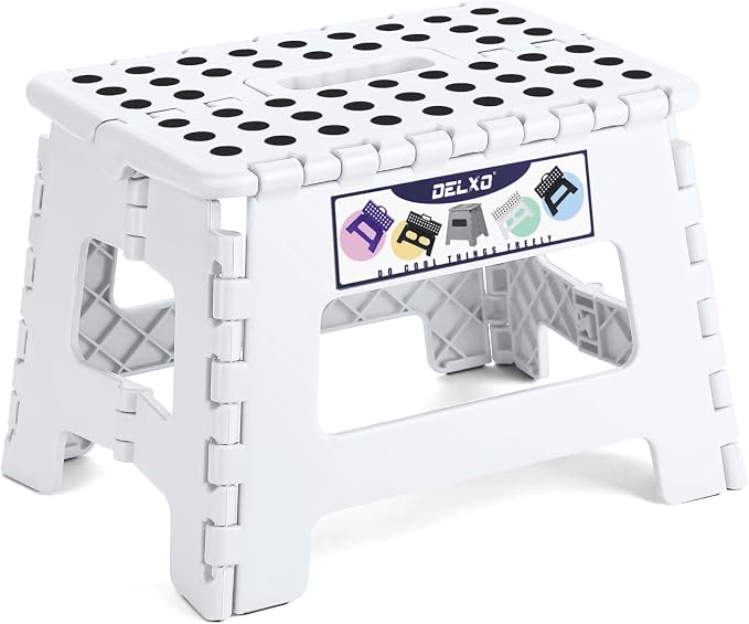 Delxo 9 Inch Kids Step Stool,300 Lbs Folding Step Stool for Toddler White | Foldable Step Stool,Non-Slip Foot Stools with Handle, Lightweight Collapsible Stool for Kitchen,Bathroom,Bedroom,Garden