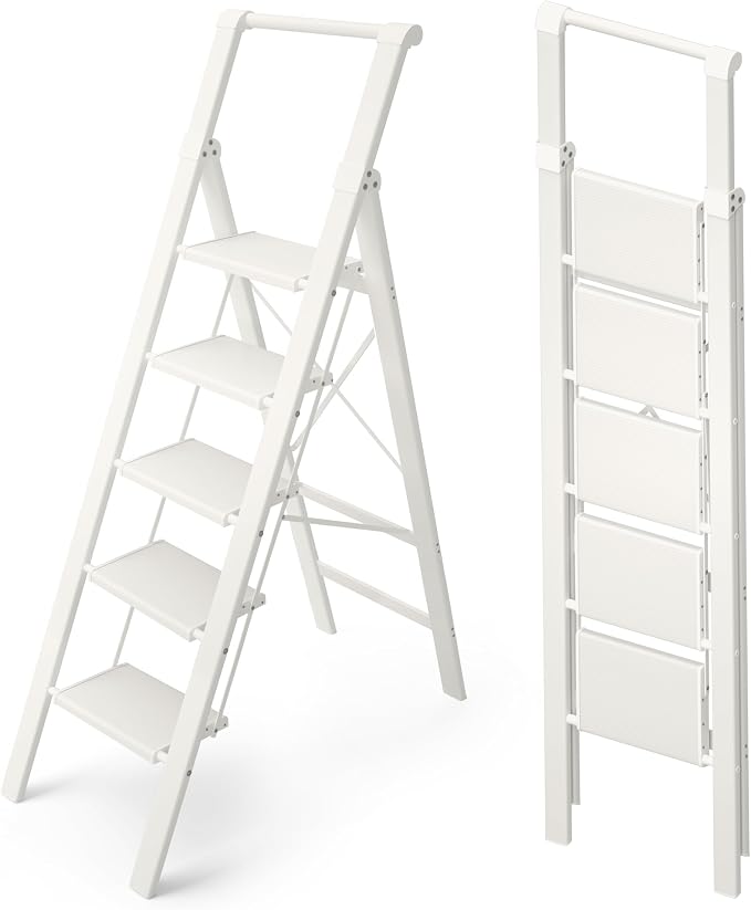 HillhutApex Aluminum 5 Step Ladder, Step Stool Foldable Ladder(White) | Stepladder with Handgrip,Anti-Slip Pedals,330lbs Capacity,Lightweight Folding Ladder for Home,Office,Libaray