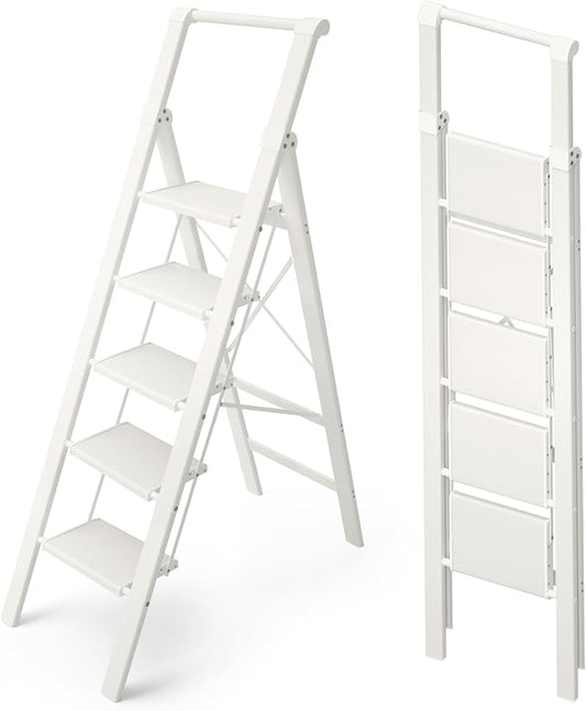 HillhutApex Aluminum 5 Step Ladder, Step Stool Foldable Ladder(White) | Stepladder with Handgrip,Anti-Slip Pedals,330lbs Capacity,Lightweight Folding Ladder for Home,Office,Libaray