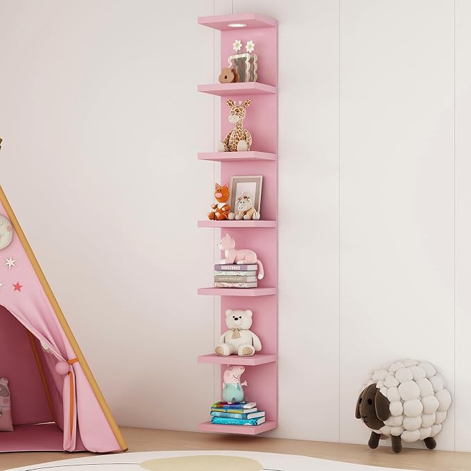 LitaEther Versatile 7 Tier Wall Shelf Unit,Pink Lack Wall Shelf,Display Floating Shelf with LED Remote Control Light