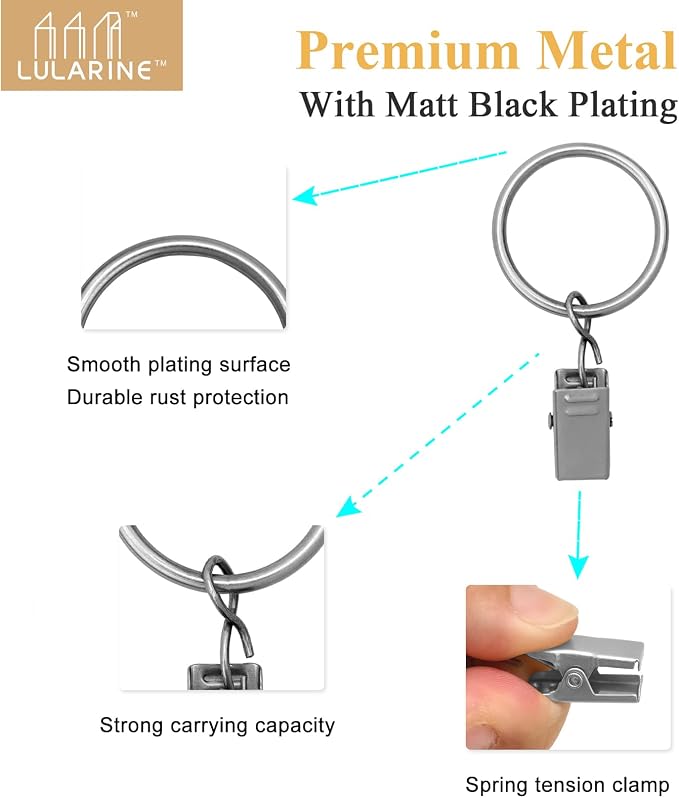 42 Pack Curtain Rings with Clips 1.26" Interior Diameter,Metal Drapery Ring with Clips Compatible with up to 1 inch Drapery Rod,Strong Vintage Decorative Rustproof Drapery Ring with Hooks-Matte Silver