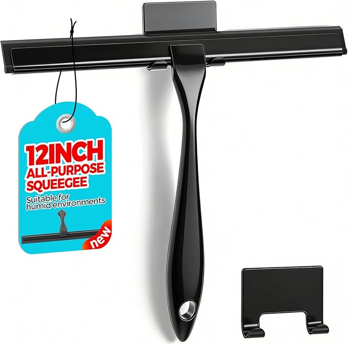 12" Shower Squeegee for Glass Doors, Tile Walls, Car Windows, Black | Bathroom accessories, new home essentials, silicone blade, metal handle, adhesive hook, household tool, multipurpose cleaner