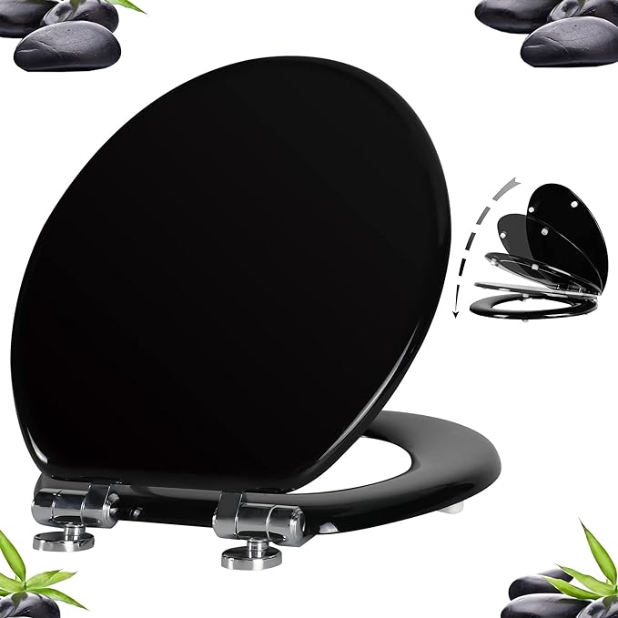 Angel Shield Round Toilet Seat Wood Molded UV Lid Soft Close | Quick Release Metal Hinges, Adjustable Fit for Standard Round Toilets, Easy Install&Clean(Black)