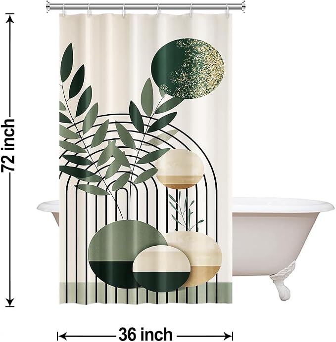 Mid Century Sage Green Stall Shower Curtain with Hooks 36x72 Inch | Waterproof Small Abstract Green and Beige Bathroom Curtain for Shower Stall, Machine Washable