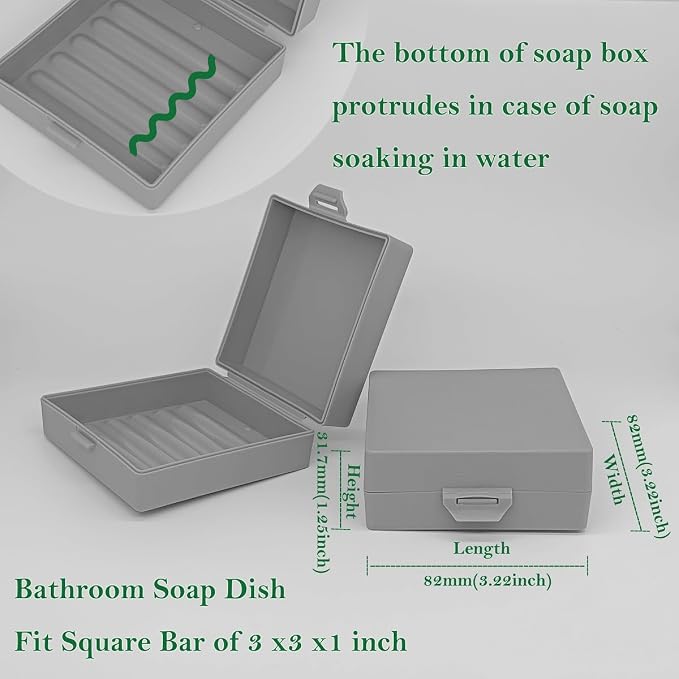Square Soap Dishes Holder for Shower Travel Container with Lid Lightweight Waterproof Soapbox for Dr. Squatch Men's Bar for Traveling Toiletry Gym Bathroom (Gray)