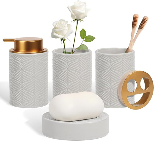 Kukikan Ceramic Bathroom Accessories Set, 4 Pcs-Includes Lotion Soap Dispenser, Toothbrush Holder, Vanity Tray, and Tumbler, Modern Bathroom Decor Organizer with Soap Dish, Apothecary Jar, Grey Color