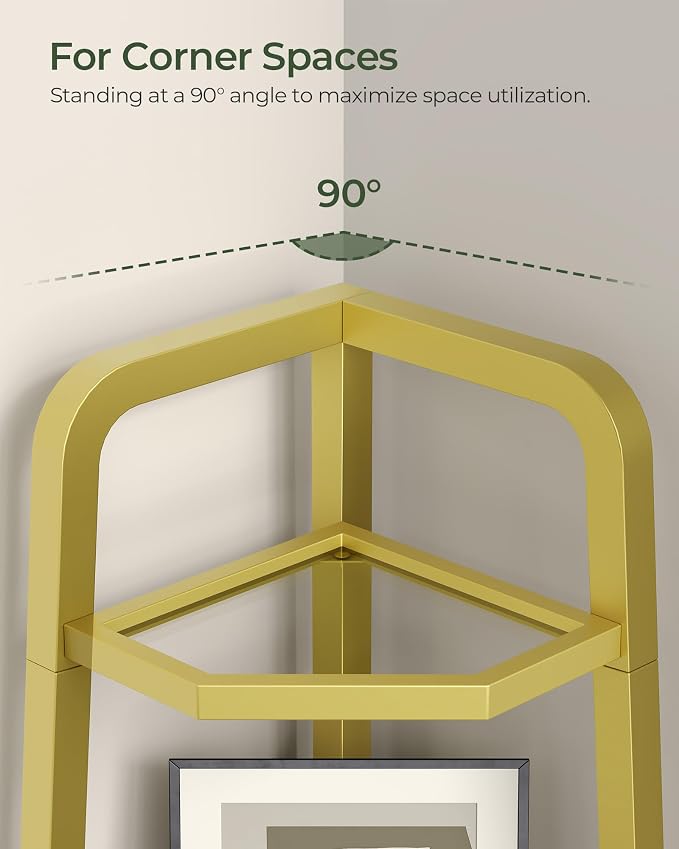 5-Tier Corner Shelf, 59.6” Corner Storage Stand, Floorstanding Dispaly Rack, Tempered Glass Corner Bookshelf, Open Plant Stand, for Living Room, Bedroom, Study, Bathroom, Gold TCJ21GJ