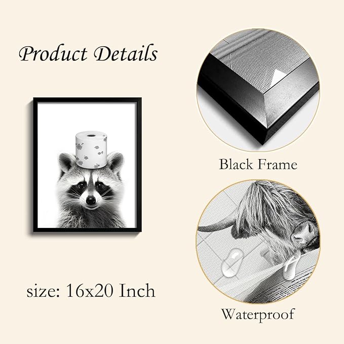 Ardakar Framed Cute Raccoon Wall Art, Funny Bathroom Decor Wall Art, Black and White Canvas Print Farmhouse Wall Decor, Ready to Hang Kid's Room Decoration (Framed,16''x20'')