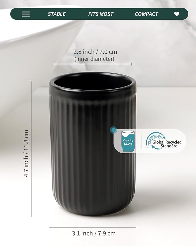 BosilunLife Ceramic Toothbrush Holder - 12oz Bathroom Toothbrush Holder Tooth Brush Holders Tumbler Cups Reusable Toothbrush Mouthwash Cup Small Toothbrush and Toothpaste Holder, Striped Black