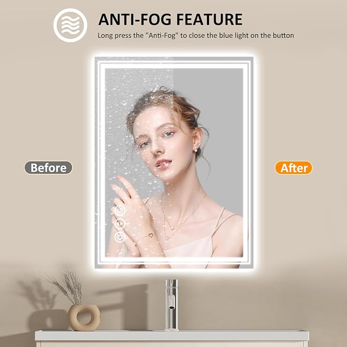 WTTY 32" x 24" LED Bathroom Mirror with Light | Anti-Fog, Dimmable, 3 Color Temperature, Memory Function, Tempered Glass, IP54 Waterproof, ETL Listed