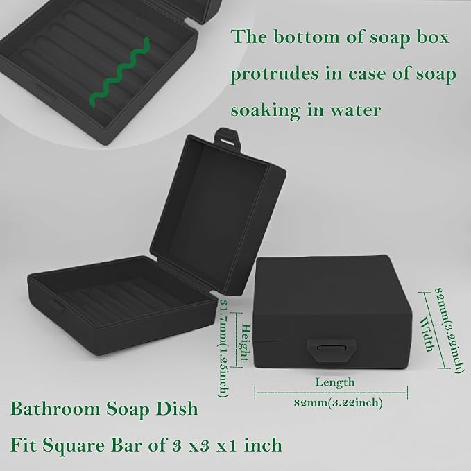 Square Soap Dishes Holder for Shower Travel Soap Container with Lid Lightweight Waterproof Soap Box for Dr. Squatch Men's Soap Bar for Traveling Toiletry Gym Bathroom (Black)