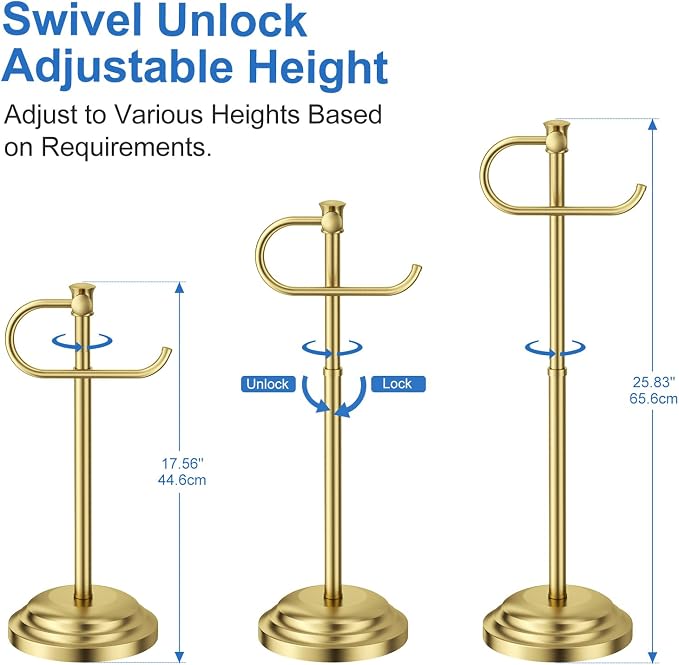 RUMOSE Toilet Paper Holder Stand for Floor Free Standing, Gold | Bathroom Freestanding Toilet Tissue Roll Holder with Storage, Adjustable 17-25 Inch, Rustproof, SUS304 Stainless Steel