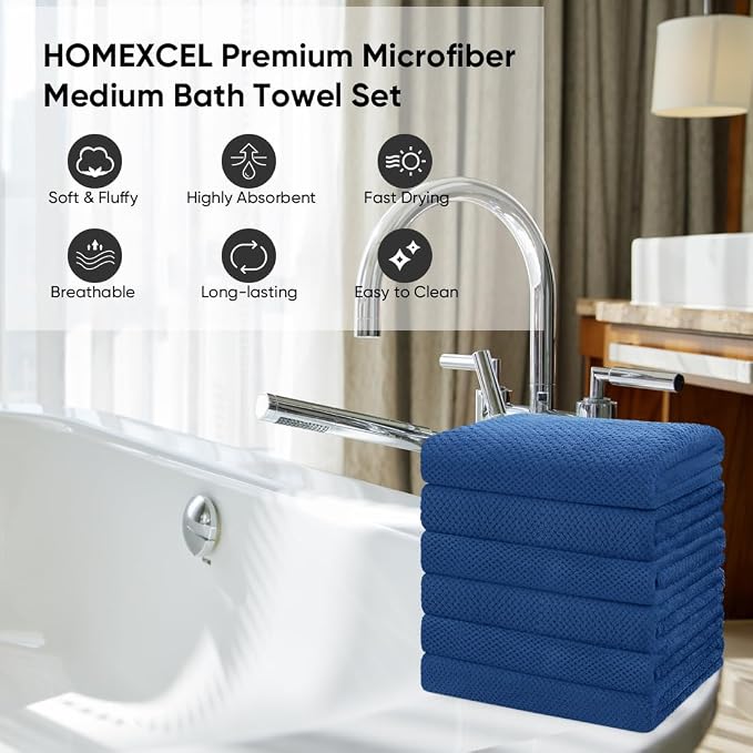 HOMEXCEL 6PK Bath Towel Set, 24x48 in, Absorbent&Quick Dry Towels for Hotel | Ultra Soft, Lightweight Towels for Bathroom, Spa and Beauty Parlor, Blue