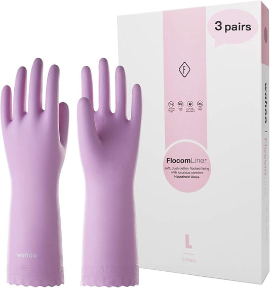 LANON 3 Pairs wahoo Cleaning Gloves,Cotton Flocked Liner,Mauve Mist,Small | Skin-Friendly, Dish Washing, Reusable, Latex Free, DEHP-Free, Non-Slip, Dishwashing Household Kitchen Gloves