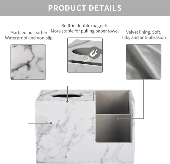 PU Leather Tissue Box Cover Square-Multifunctional Bathroom Tissue Box Holder/Organizer with 2-Compartment,Remote Control Holder,Decorative Tissue Box Covers Cube,Home Office Desktop Storage box,White