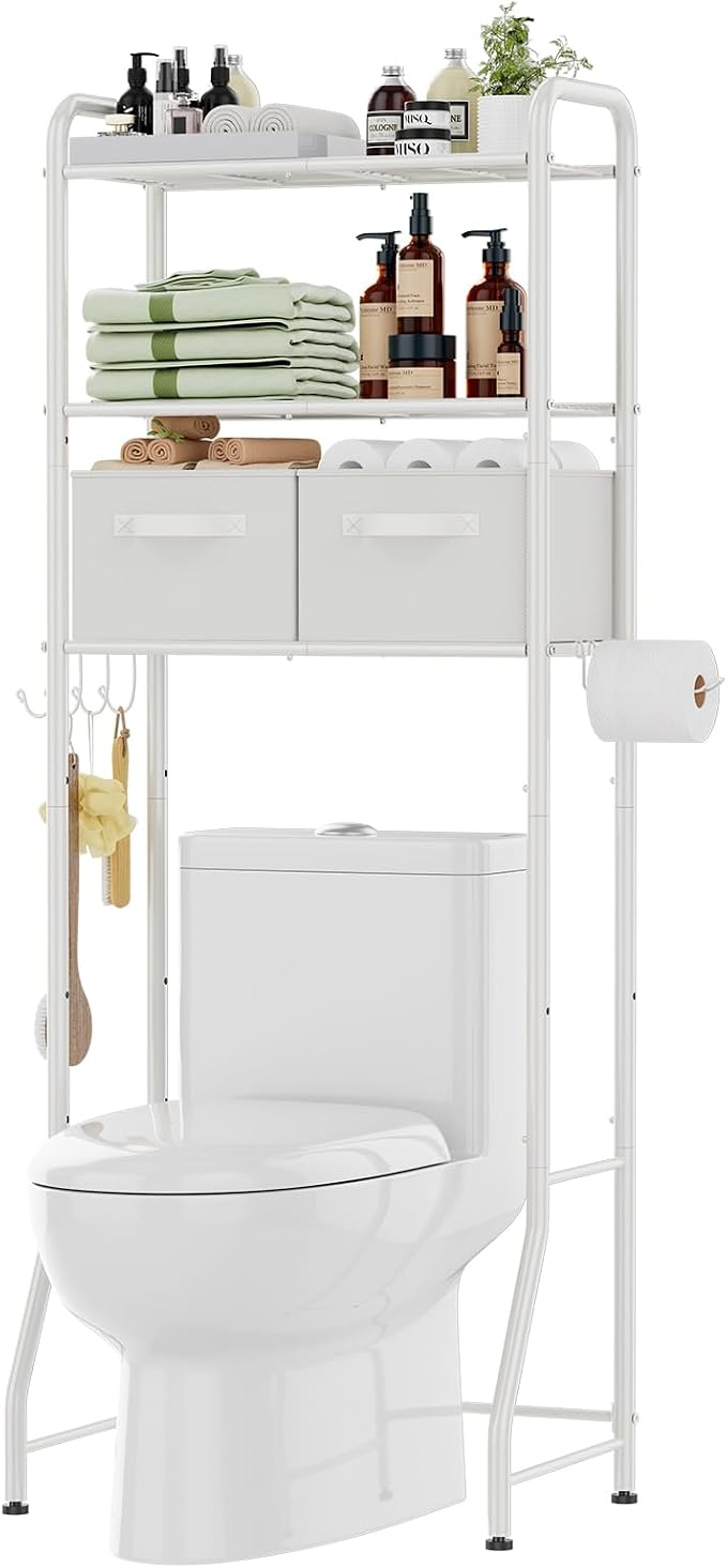 Simple Trending Over The Toilet Storage Rack with Drawers, Metal 3 Tier Bathroom Organizer Shelf with Paper Holder and 3 Hooks, White