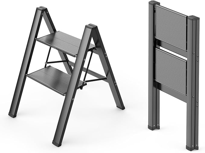 2 Step Foldable Step Stool, 300lbs Load, Black | Folded 27''H x 2''T; Net 6.6 lbs; Non-Slip Feet: Wood/Tile/Carpet; Rigid Aluminum Steps; No Assembly; Ready From Box.