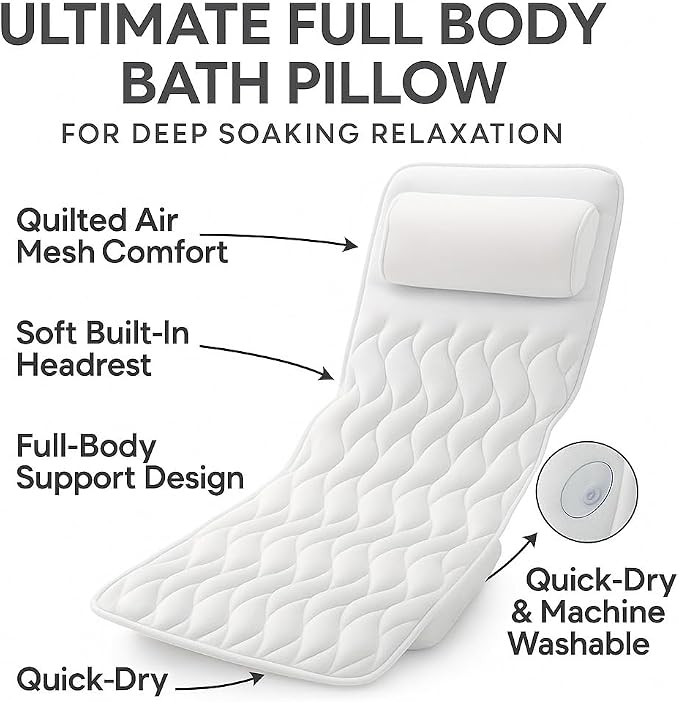 Full Body Bath Pillow for Bathtub Long Tub Cushion Mat with Headrest 5D Air Mesh 21 Suction Cups Quick Dry Machine Washable Dependable Industries Inc. Essentials