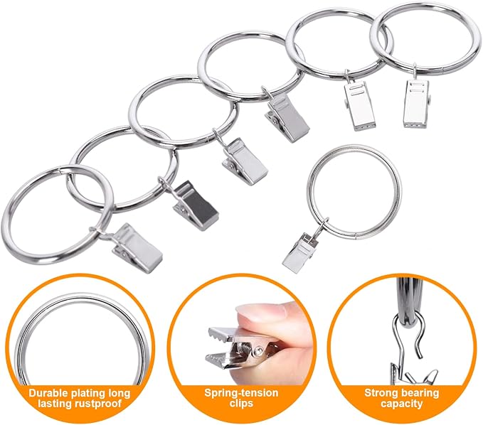 Lansian 44 Pack Curtain Rings with Clips Hooks 1 in Diameter Rustproof | Metal Stainless Steel Drapery Rings for Tension Rod Bracket Eyelets Decorative Hanger, Fits 3/4 in Rods, Shiny Silver