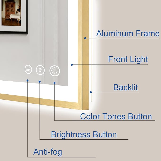 24x32 Inch LED Bathroom Mirror with Gold Frame | Gold Metal Frame, Front and Backlit, 3 Colors, Dimmable, Memory, Anti Fog, Tempered Glass, Lighted Mirror for Wall