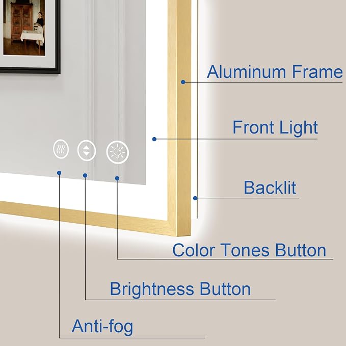 60x28 Inch LED Bthroom Mirror with Gold Frame | Gold Metal Frame, Front and Backlit, 3 Colors, Dimmable, Memory, Anti Fog, Tempered Glass, Lighted Mirror for Wall