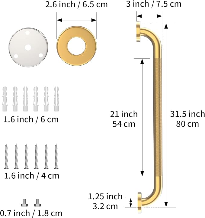 32 Inch Anti Slip Shower Grab Bars Gold, Munzong Bathroom Balance Bar | Shower Knurled Safety Bars Grab Handle Safety Hand Rail Support Handicap Elderly Injury Senior Assist Bath Handle