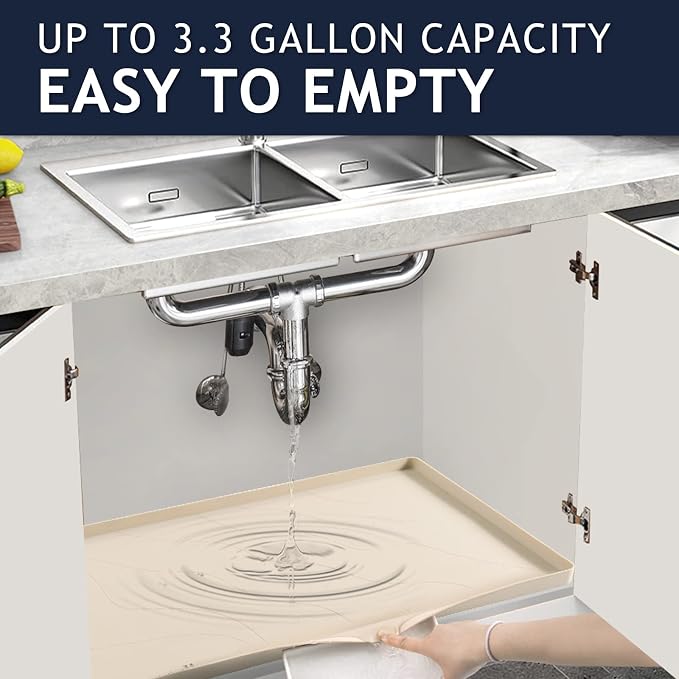 Heavy Duty Silicone Under Sink Mats for Kitchen Waterproof 37" x 19", Extra Thick Under Sink Rubber Mat Drip Tray, Raised Edge Under Sink Liner,Prevent Drips, Leaks, Spills,Beige