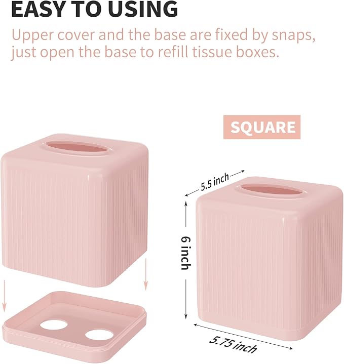 Livelab Tissue Box Cover with Base - Square Plastic Holder, Decorative Case, Modern Facial Paper Dispenser for Bathroom, Vanity Countertops, Night Stands, Desk - Pink