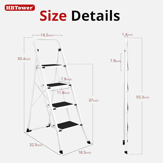 HBTower Step Ladder, Folding Step Stool for Adults | with Anti-Slip Pedal, 330 lbs Capacity for Kitchen, Home, White