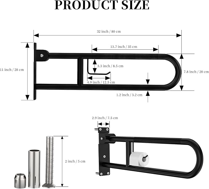 Toilet Grab Bar 32 Inch, YuanDe Flip Up Grab Bar with Paper Holder | Matte Black Anti-Slip Safety Bars for Toilet, Stainless Steel Knurled Toilet Handles for Seniors Disabled Elderly Pregnant