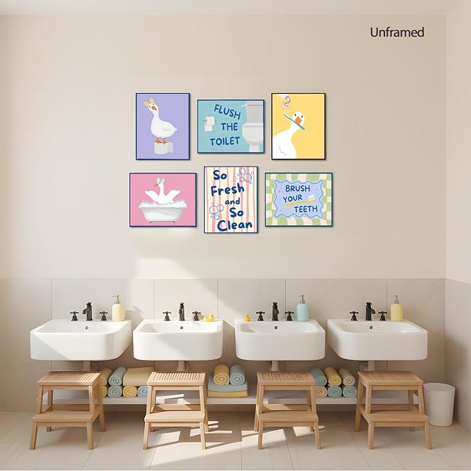 ZYANGZY Cute Kids Bathroom Poster Set of 6, Funny Duck Toilet Wall Art Painting Children's Quotes Bathroom Wall Decor Quirky Silly Goose Nursery Canvas Picture Prints for 8x10 inch Unframed