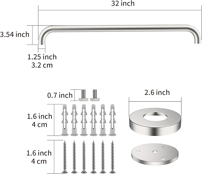 ZUEXT 32 Inch Brushed Nickel Stainless Steel Bathroom Shower Grab Bar | Grab Bar Handle for Wall, Shower Balance Bar, Safety Hand Rail Support, for Handicap Elderly Injury Seniors, 1.25" Diameter