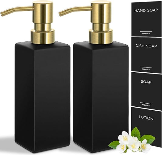 GMISUN Gold Soap Dispenser, Black Soap Dispenser Bathroom with Stainless Steel Pump, Hand and Dish Soap Dispensers Set for Kitchen, 12 fl oz/350ml Glass Liquid Refillable Lotion Dispenser Bottle