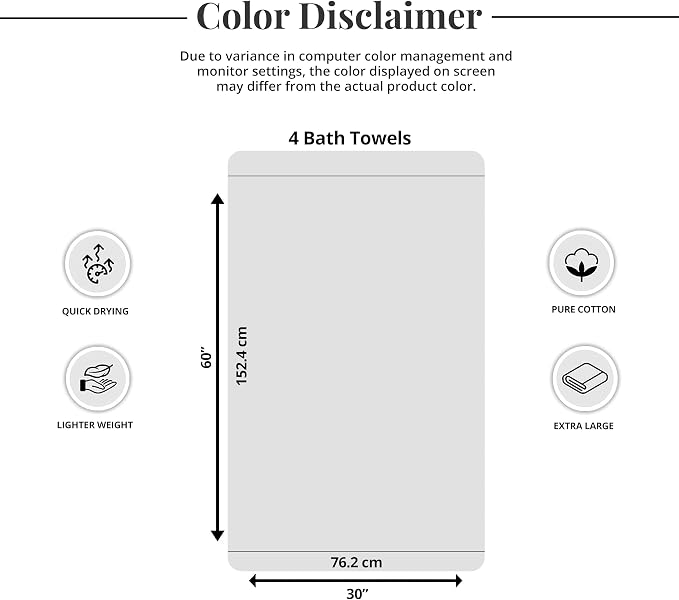 4 Piece Extra Large Bath Towels 30 x 60 Inches, Purple | 100% Cotton, Larger & Lighter Weight, Quicker to Dry, Super Soft and Absorbent, Perfect for Bathroom
