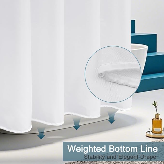 AooHome Fabric 96 inch Extra Long Shower Curtain Liner, Durable Bathroom Curtain for Hotel with Hooks, Waterproof, Solid White, 72 Width x 96 Height inch