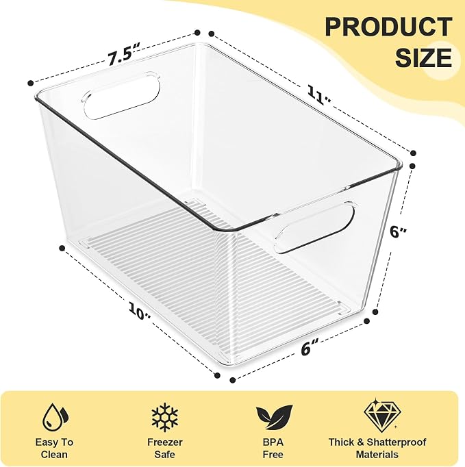 4 Pack Large Clear Plastic Storage Bins, Kitchen &Pantry Organizer | Heavy-duty 450g BPA-free PETG containers with handles for fridge, under-sink, bathroom, office, closet, and garage storage