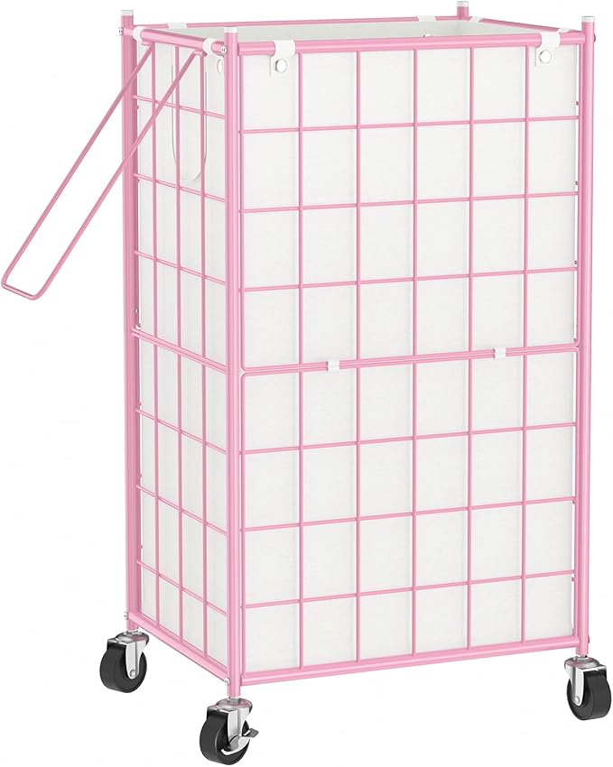 WOWLIVE Rolling Laundry Basket, Metal Wire Frame Laundry Hamper with Wheels | Hamper with Removable Bag, 100L Dirty Clothes Hamper Organizer Dorm Room Storage for Bedroom, Bathroom, Pink