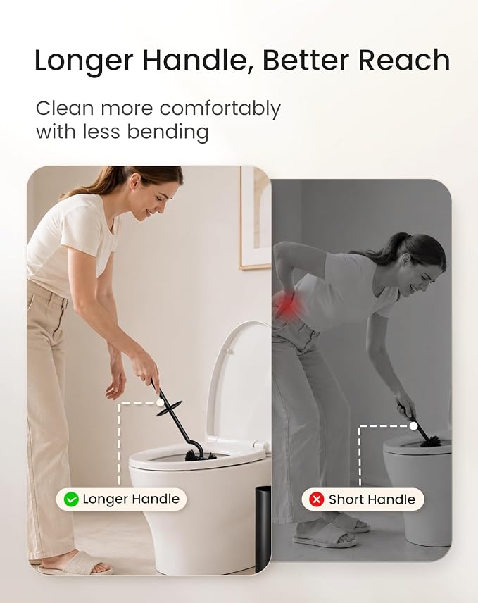 Cesun 304 Stainless Steel Toilet Brush and Holder Set, 2 Brush Heads, Black | S-Shaped Deep Cleaning, Scratch-Free Nylon Bristles, Long Handle & Splash Guard, Replaceable Brush Head