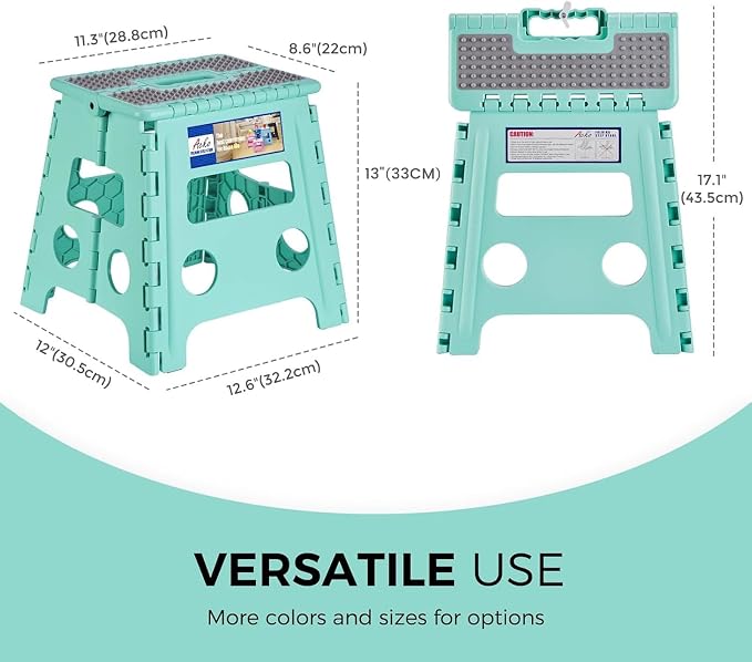 ACKO 13" Folding Step Stool, Non-Slip Surface for Adults & Kids, Dot Teal | Collapsible Heavy Duty Foldable Stools, Portable Foot Stepping Stool Holds 300 lbs, Kitchen Bathroom Outdoor, Built-in Handle