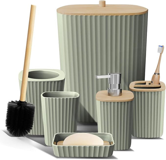 Clara Clark Bathroom Set - Sage Green Bathroom Accessories Set, 6PC Bathroom Accessory Set, Bathroom Sets with Toilet Brush, Trash Can & Soap Dispenser