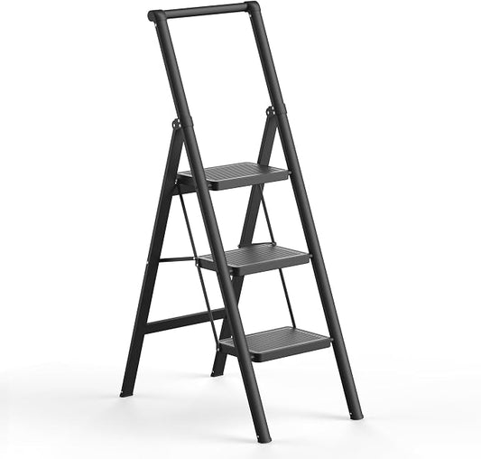 3 Step Ladder, Folding Step Stool, Lightweight Stepladder, Black | Anti-Slip 7.9'' Wide Pedal;Portable Handrail;Space-Saving;For Kitchen, Home, Library, Office Use;300lbs Capacity
