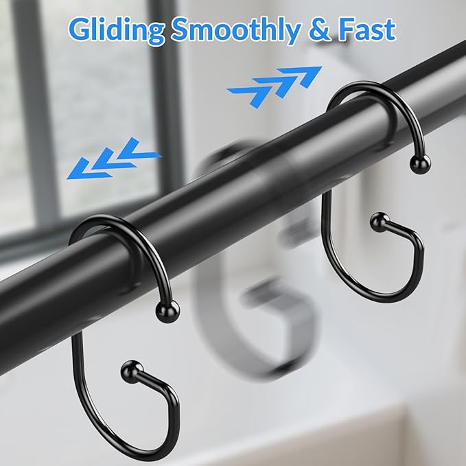 OEH Shower Curtain Hooks, 12 Pcs Shower Curtain Rings, Durable G Shape Black Shower Curtain Hooks Rust Proof, Simple Shower Rings for Curtain, Glide Smoothly Shower Hooks for Shower Curtain Rod, Black