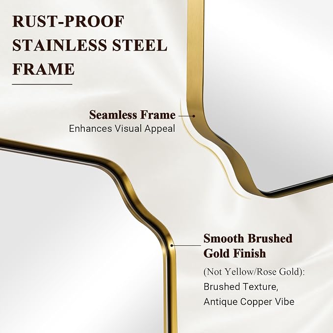 24"x48" Large Bathroom Mirror, Brushed Gold Rectangle Mirror, Scalloped Mirror for Bathroom in Anti-Rust Stainless Steel Metal Frame 1" Deep, Hangs Vertically/Horizontally