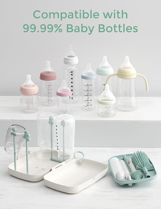 Momcozy 7-in-1 Baby Bottle Brush Set with Drying Rack, Green | Silicone Nipple Straw Brushes, Soap Dispenser Storage Box, Foldable Drain Rack, Portable Bag, BPA-Free, Home & Travel