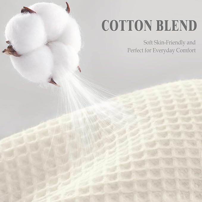 Long Waffle Weave Shower Curtain Heavyweight Cotton Fabric Ivory 72Wx78L | Soft Cotton Cloth,3D Square Truely Waffle,Washable, Hotel Luxury Spa, Shower Curtains for Narrow Bathroom 12 Plastic Hooks
