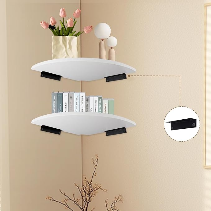 JJL Corner Shelf, 12-Inch Sector Wall Shelf, Set of 4 Wooden Hanging Corner Shelves with Wire Hole for Bedroom Corner Decoration, White